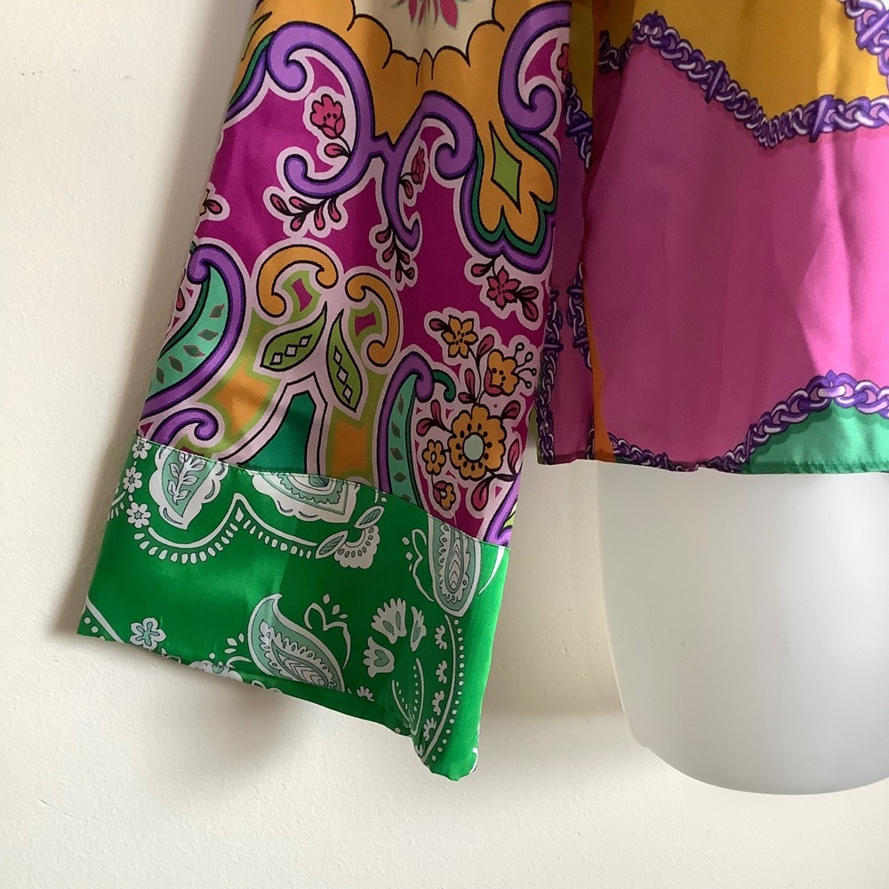 ZARA Womens Patchwork Scarf Print Satin Shirt Multi Color Paisley XL Crop Tie Fr - Picture 11 of 14